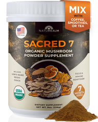 Naturealm Sacred 7 Mushroom Powder bottle for immune support and daily wellness.