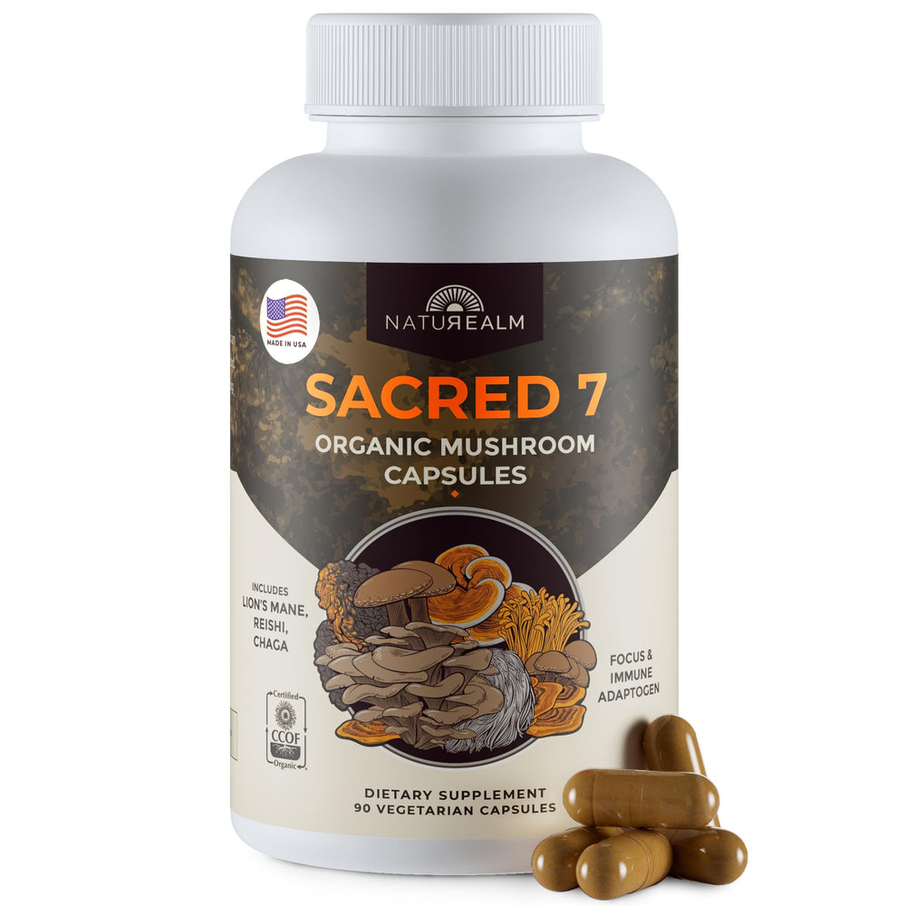 Naturealm Sacred 7 bottle front showcasing organic mushroom blend for daily wellness.