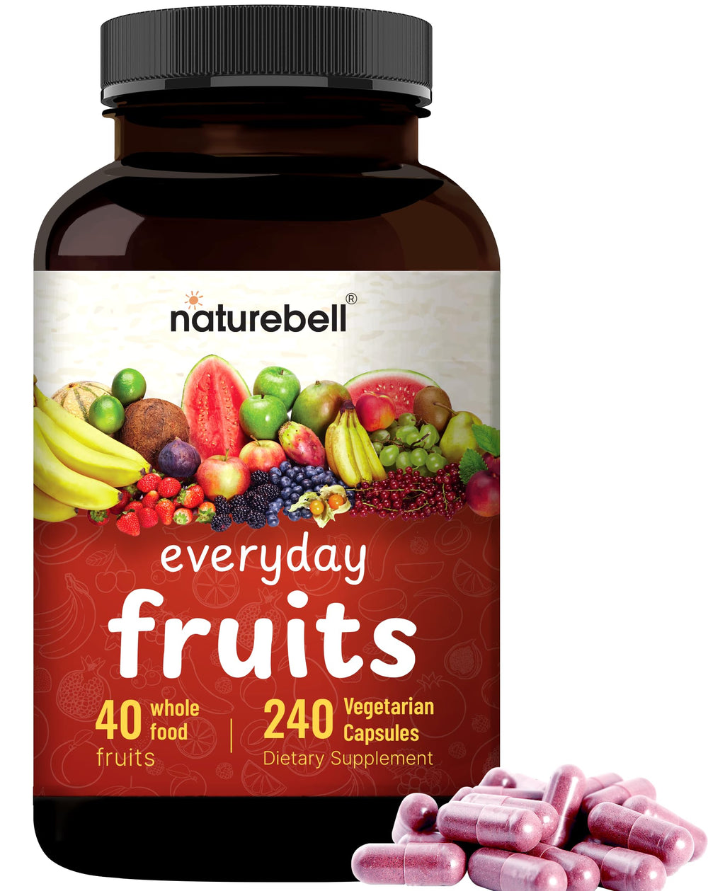 NatureBell 40 fruits blend capsules showcase diverse natural fruit nutrition.