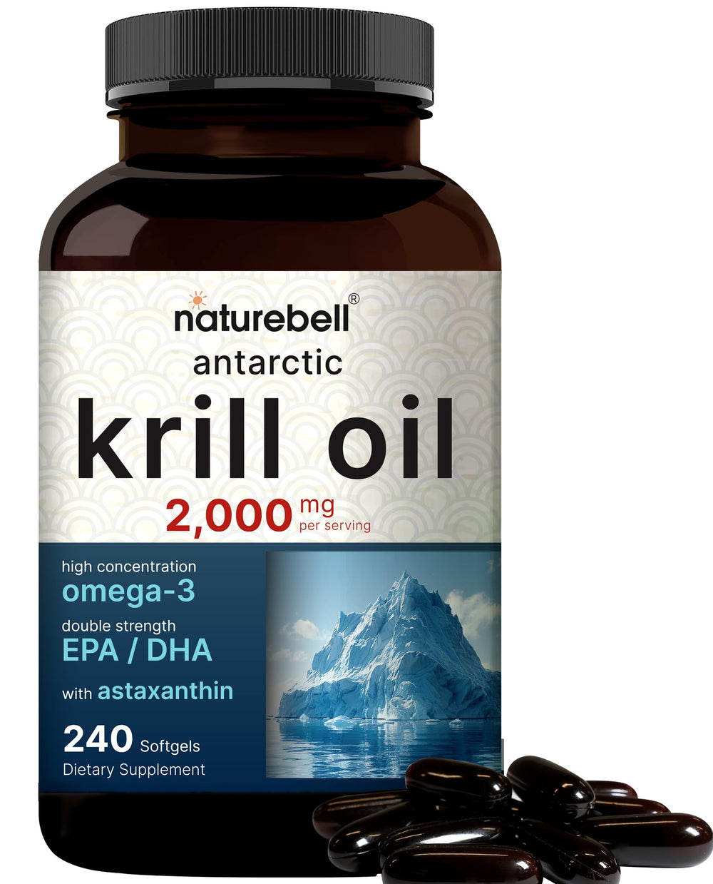 NatureBell Antarctic Krill Oil bottle showing softgels designed for omega-3 support