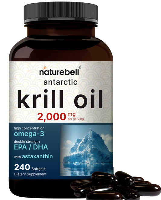 NatureBell Antarctic Krill Oil bottle showing softgels designed for omega-3 support