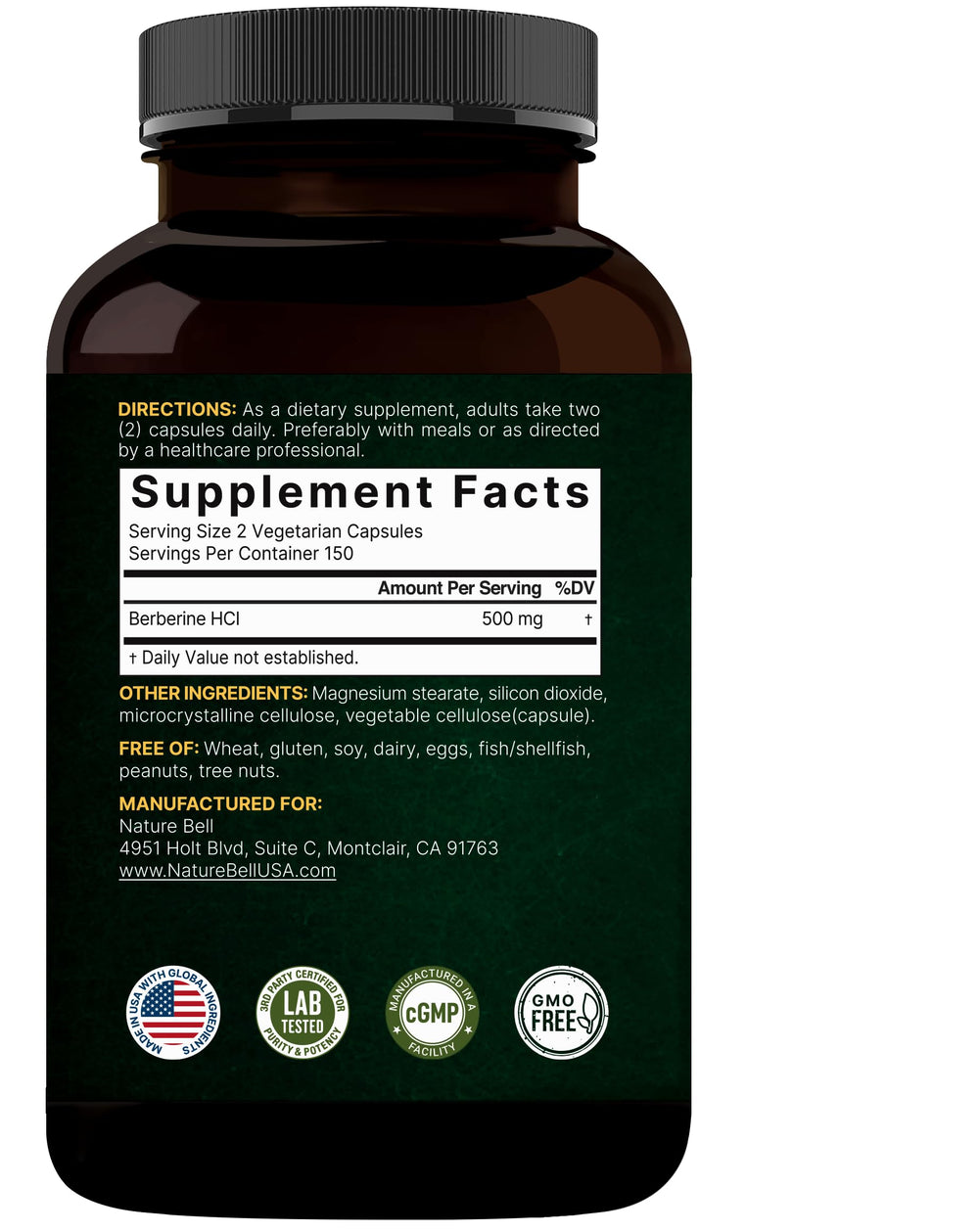 NatureBell Berberine 500mg packaging close-up with ingredients