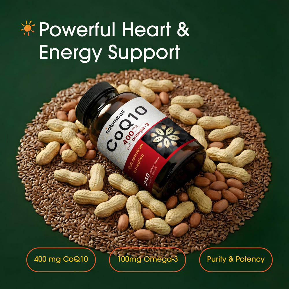 NatureBell CoQ10 400mg con Omega-3, etiqueta en primer plano