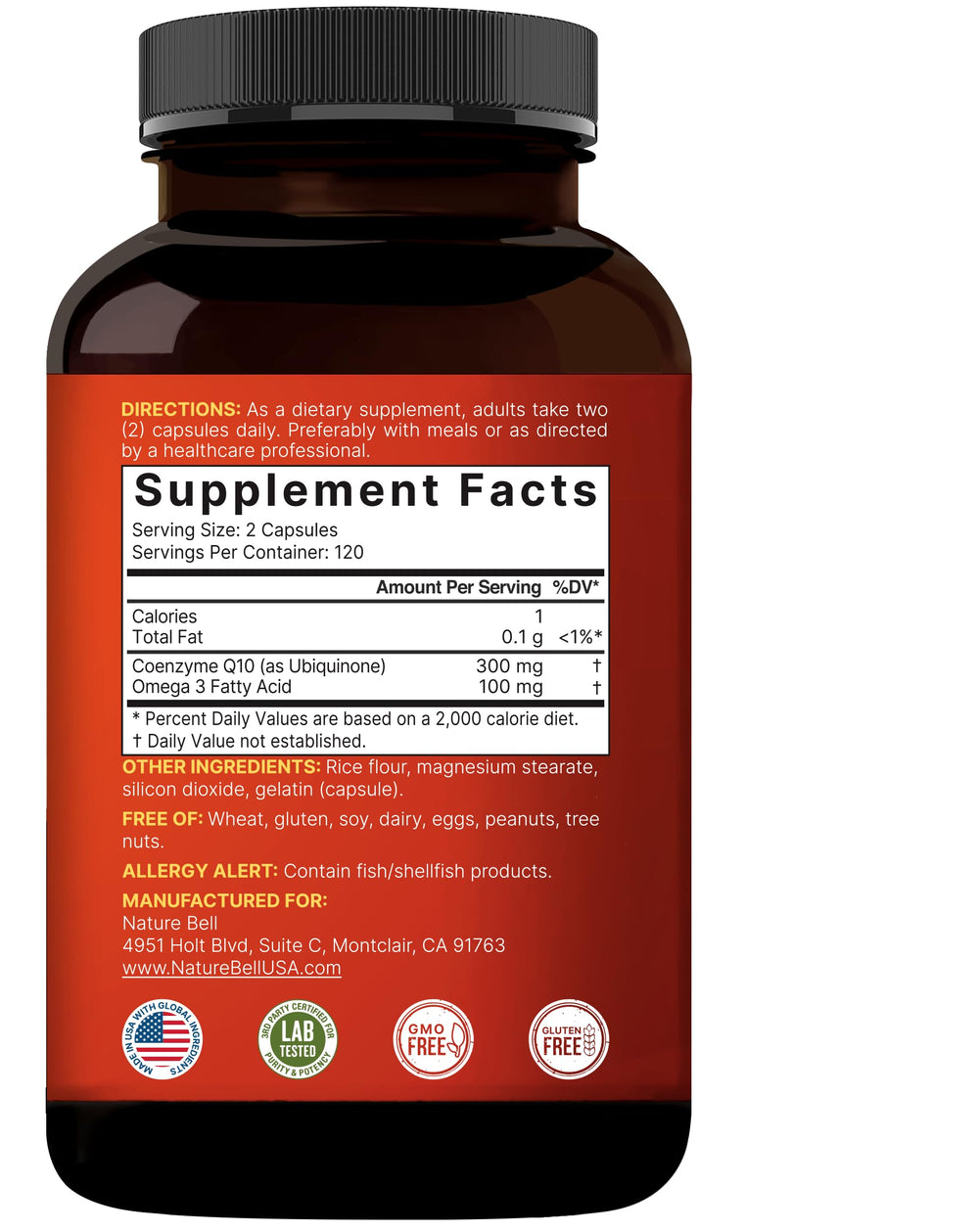 NatureBell CoQ10 bottle with nutritional facts for informed choices.