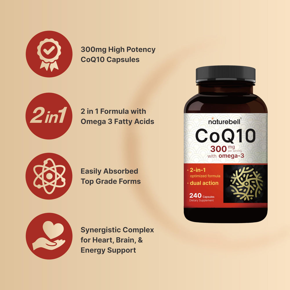 NatureBell CoQ10 label close-up highlighting potency for daily use.