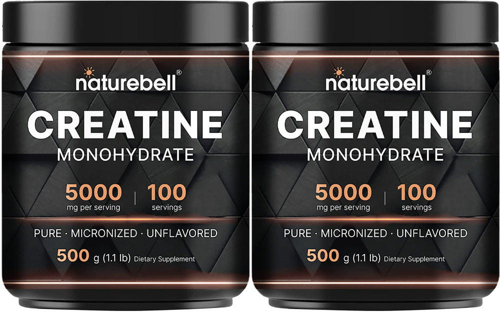 NatureBell creatine monohydrate two-pack containers for reliable pre- and post-workout support