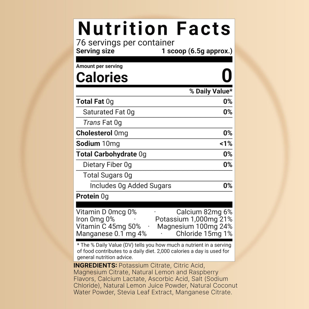 NatureBell Electrolytes Powder label close-up shows potassium-rich formula for balanced hydration.