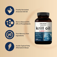 NatureBell Krill Oil bottle label highlighting non-GMO and mercury-free ingredients