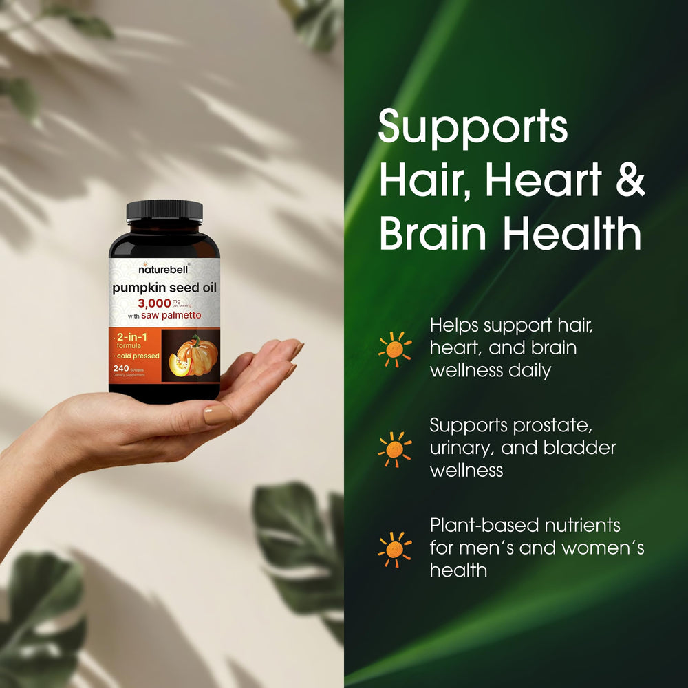NatureBell Pumpkin Seed Oil bottle with pills supports a simple daily wellness routine.