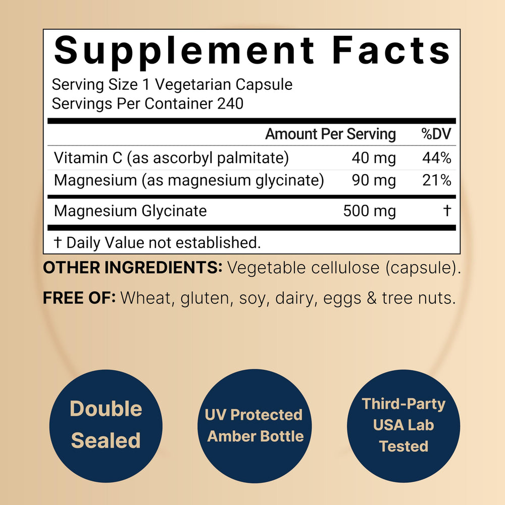 NatureBell Pure Magnesium Glycinate 500mg bottle label closeup highlighting chelated magnesium.