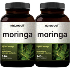 NatureBell Pure Moringa capsules bottle open, showcasing 8,000mg strength for daily energy support.