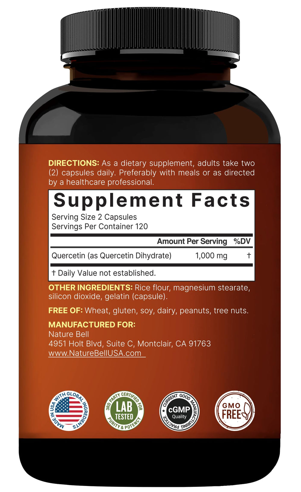 NatureBell Quercetin 1,000mg third-party testing seal for quality