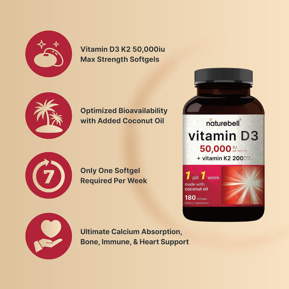 NatureBell D3 K2 softgels close-up with coconut oil for absorption