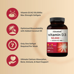 NatureBell D3 K2 softgels close-up with coconut oil for absorption