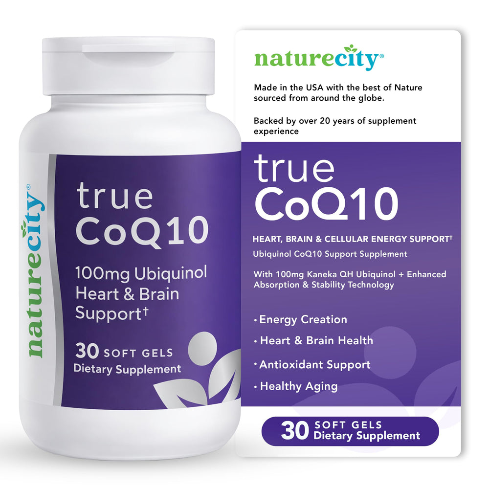 NatureCity True-CoQ10 ubiquinol softgels package highlights enhanced absorption and convenient heart-support formula.