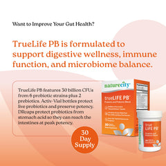 Close-up of NatureCity True-Life-PB bottle label highlighting probiotic strains and dairy-free formula