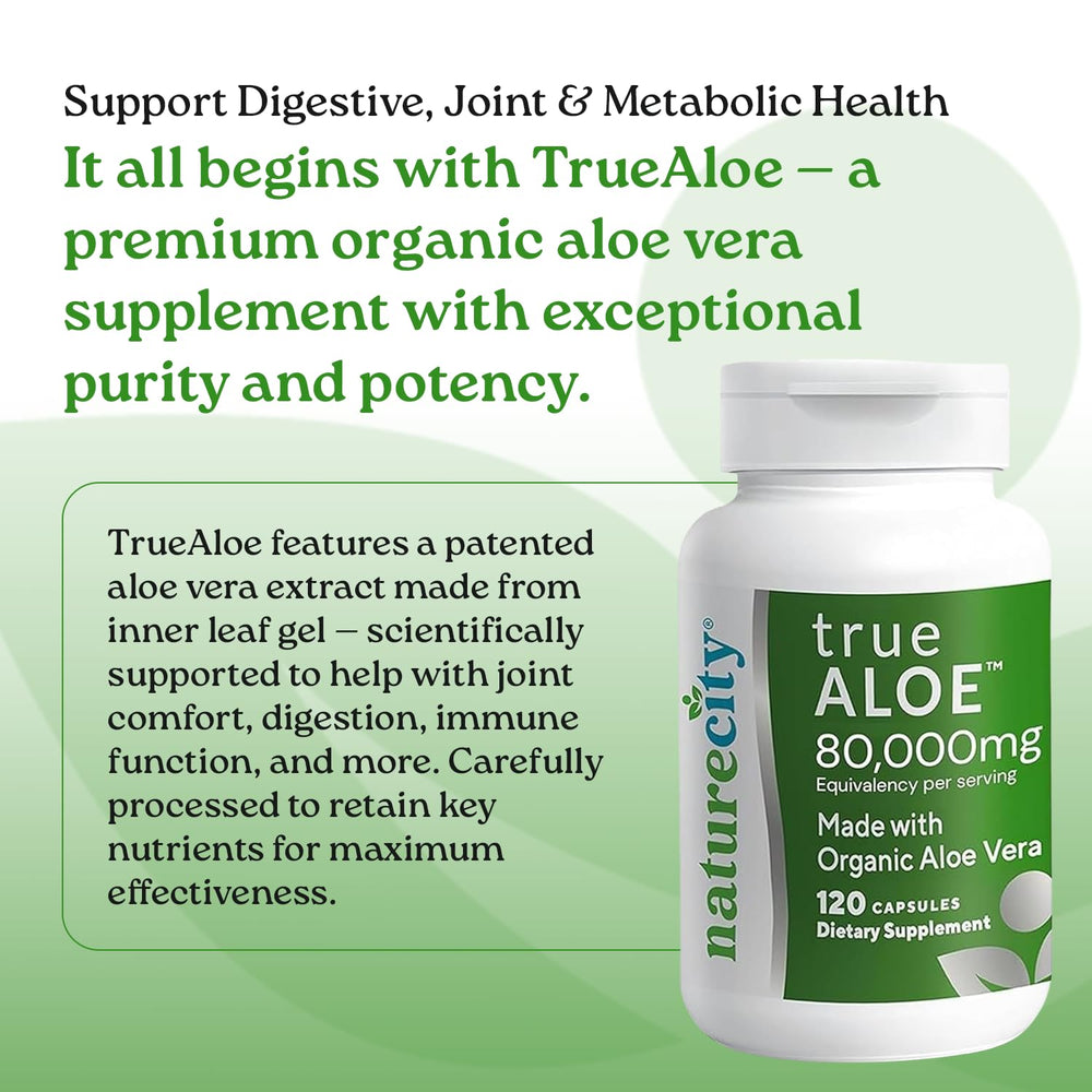 NatureCity True-Aloe capsules close-up showing organic aloe content for digestion