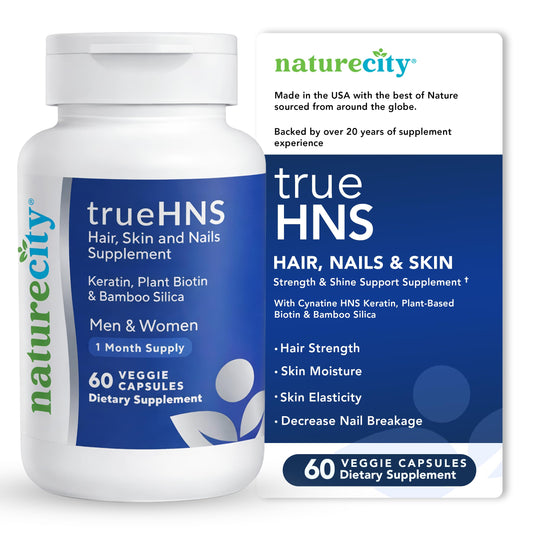 NatureCity True-HNS bottle with keratin and plant-based biotin supports hair strength and nail shine.