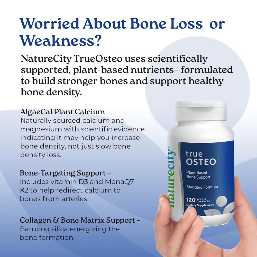 NatureCity True-Osteo label details algae minerals and D3/K2 benefits.