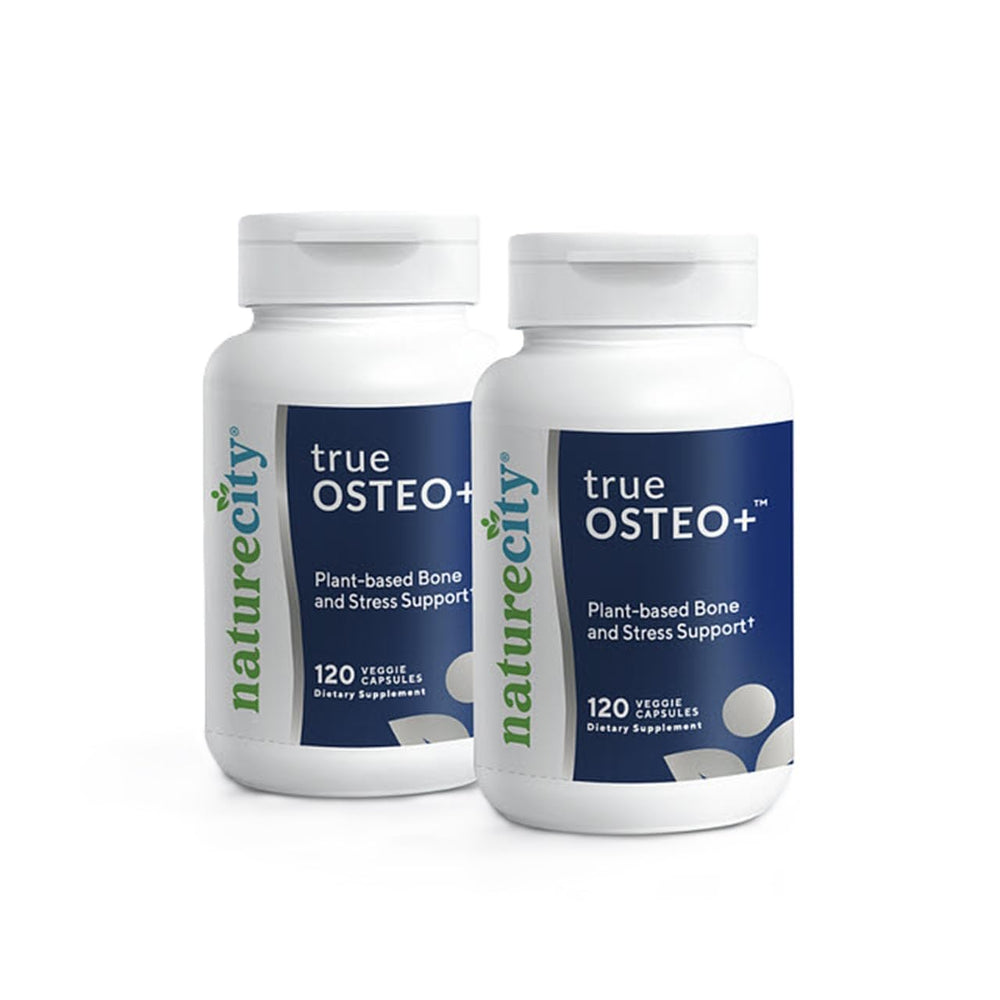 NatureCity True-Osteo+ bottle pouring, plant-based calcium blend for potential bone support