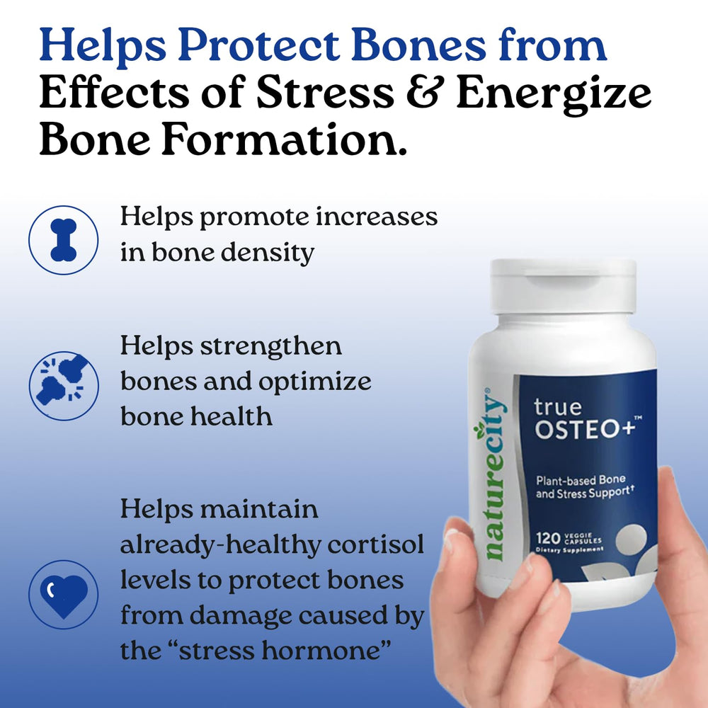 NatureCity TrueOsteo+ label closeup featuring AlgaeCal and organic minerals for clarity.