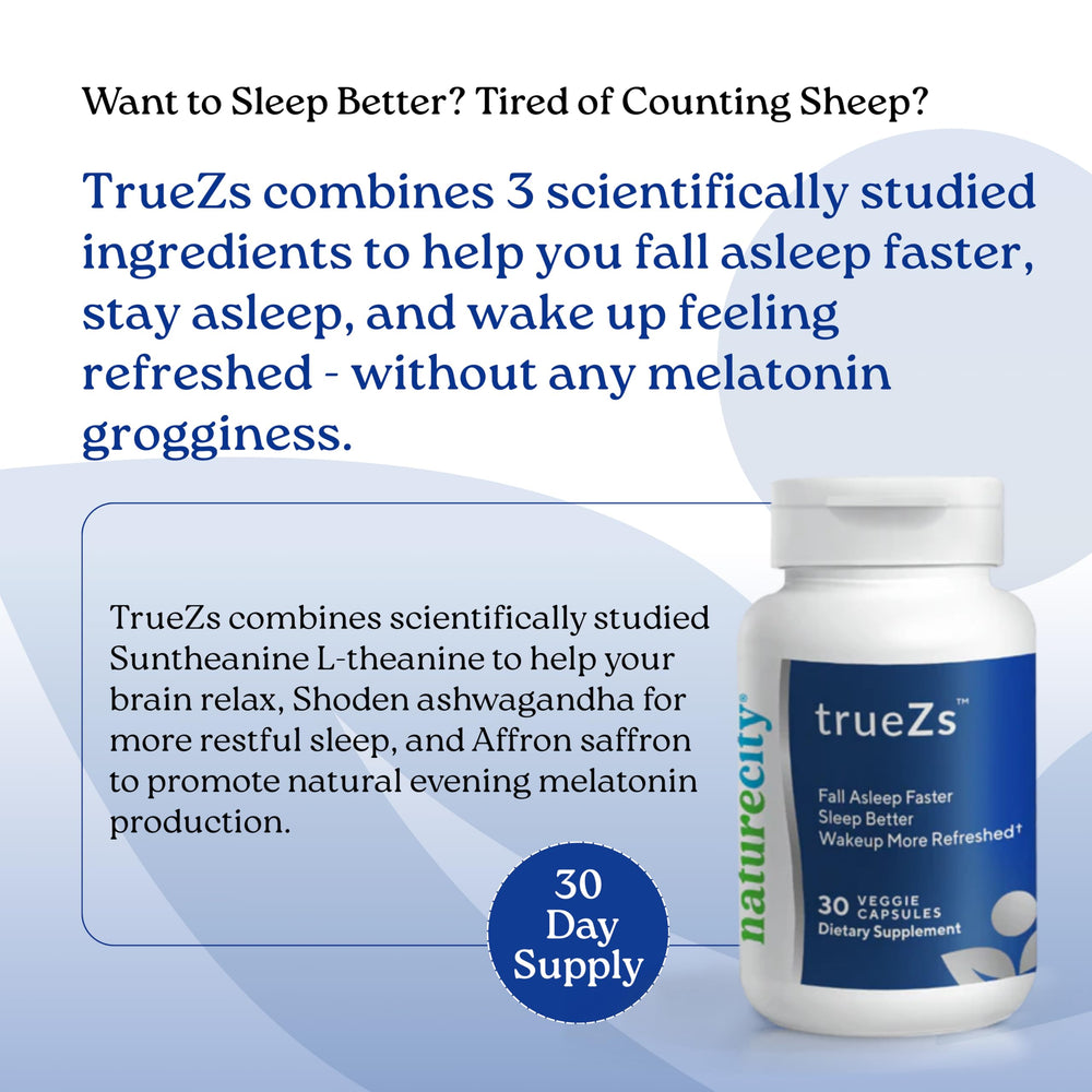 NatureCity TrueZs capsules pack highlighting ashwagandha, L-Theanine, and saffron for supported sleep.