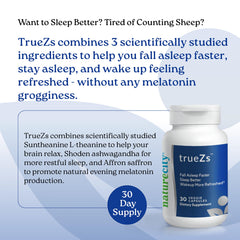 NatureCity TrueZs capsules pack highlighting ashwagandha, L-Theanine, and saffron for supported sleep.