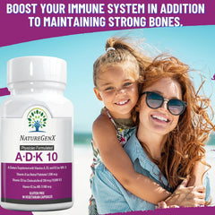 NatureGenX ADK10 label close-up notes high potency D3 and K2 synergy.