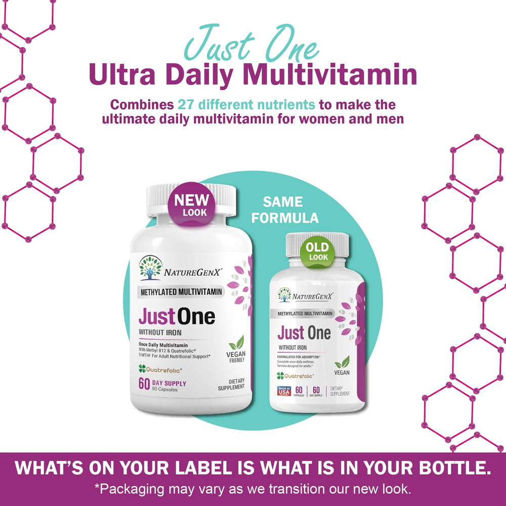 NatureGenX methylated multivitamin bottle side view highlighting iron-free formula.
