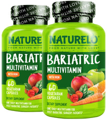 Naturelo bariatric multivitamin bottle close-up for daily nutrient support after gastric bypass
