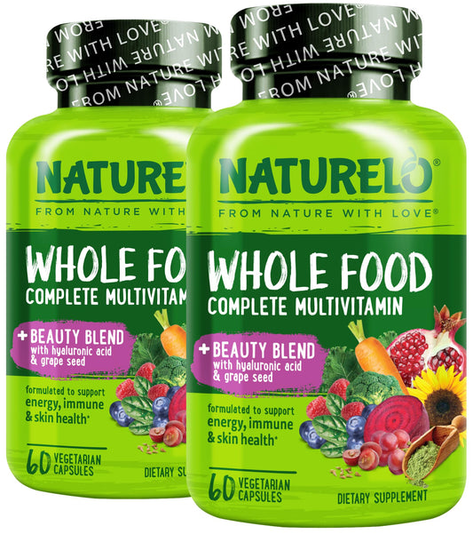Naturelo Beauty Blend bottle with capsules illustrating hydration and skin support.