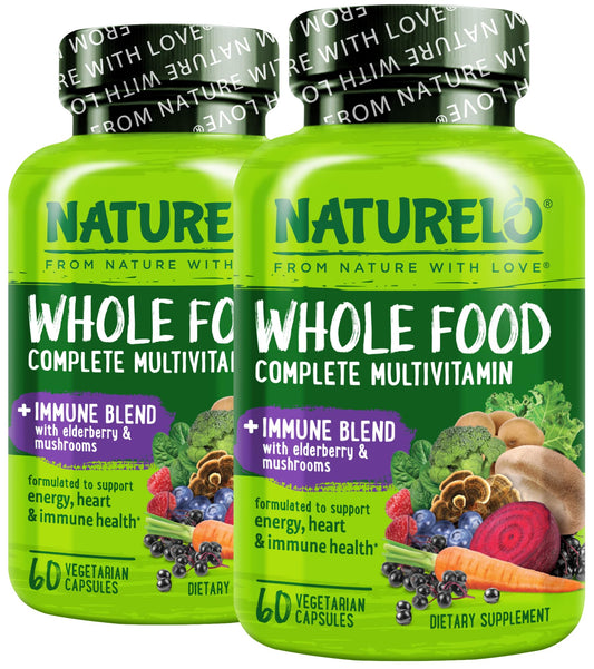 Naturelo Whole Food Multivitamin bottle for daily immune support with vegan capsules.