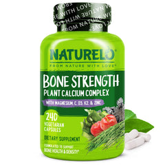 Naturelo Calcium bottle front showing plant-based formula for bone support