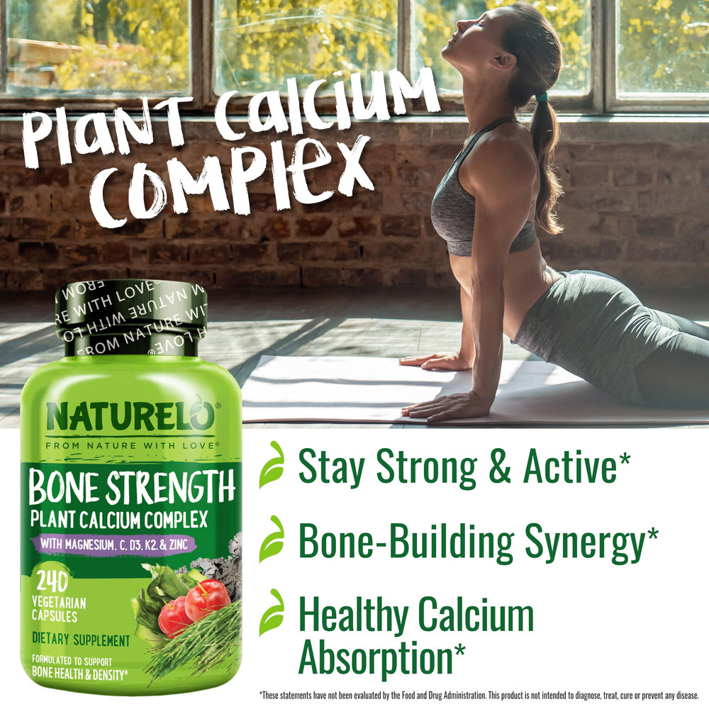Naturelo calcium capsules inside bottle highlighting vegan, non-GMO calcium complex