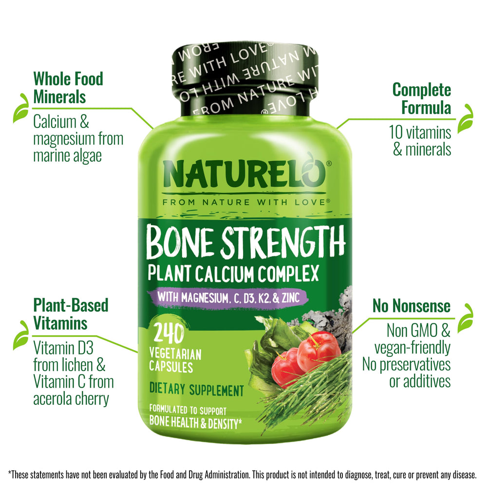 Naturelo calcium label closeup featuring Vitamin D3 and K2 ingredients