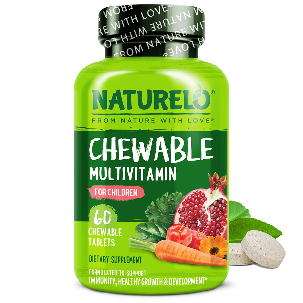 NATURELO Kids Multivitamin bottle with berry flavor supports daily nutrition for children.