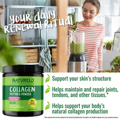 NATURELO Collagen Peptide Powder bottle back label highlights ingredients and guidelines