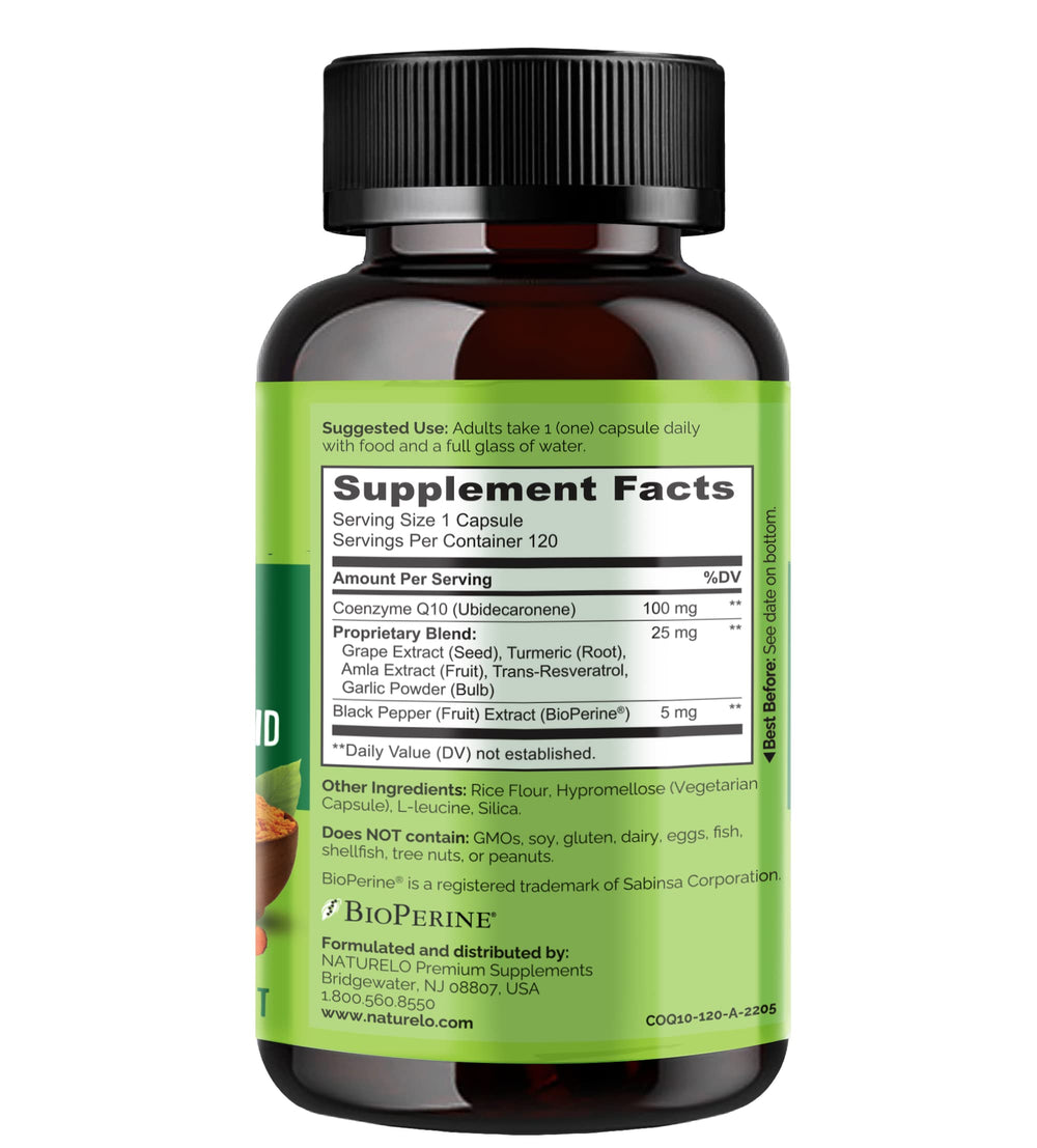 Naturelo CoQ10 capsules close-up in vegan, non-GMO formula