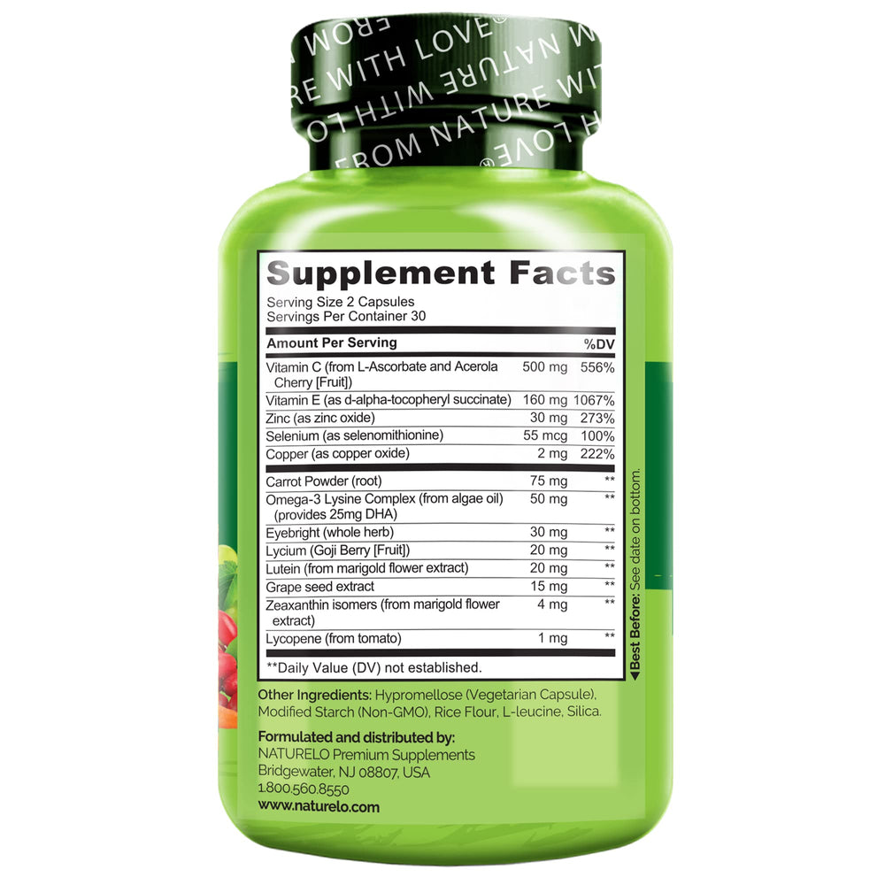 Naturelo Eye Vitamins vegan gluten-free label signals premium, non-GMO, allergen-friendly formula