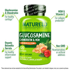 Naturelo Glucosamine Chondroitin MSM pack highlights complete joint care for flexibility