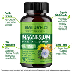 Close-up of Naturelo magnesium capsules highlighting high-absorption chelate formula
