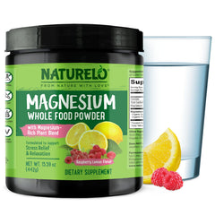 Naturelo Magnesium Powder bottle with Raspberry Lemon flavor, convenient magnesium boost for daily balance.