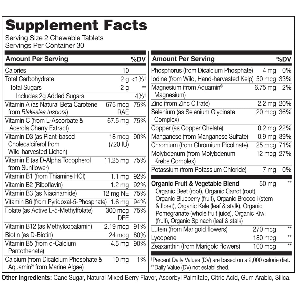 NATURELO organic fruits and vegetables blend shown on label for natural nutrition.