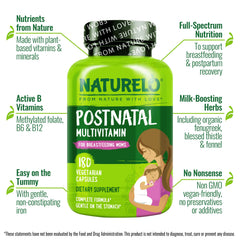 Naturelo Postnatal Multivitamin nutrition label with folate and vitamin D