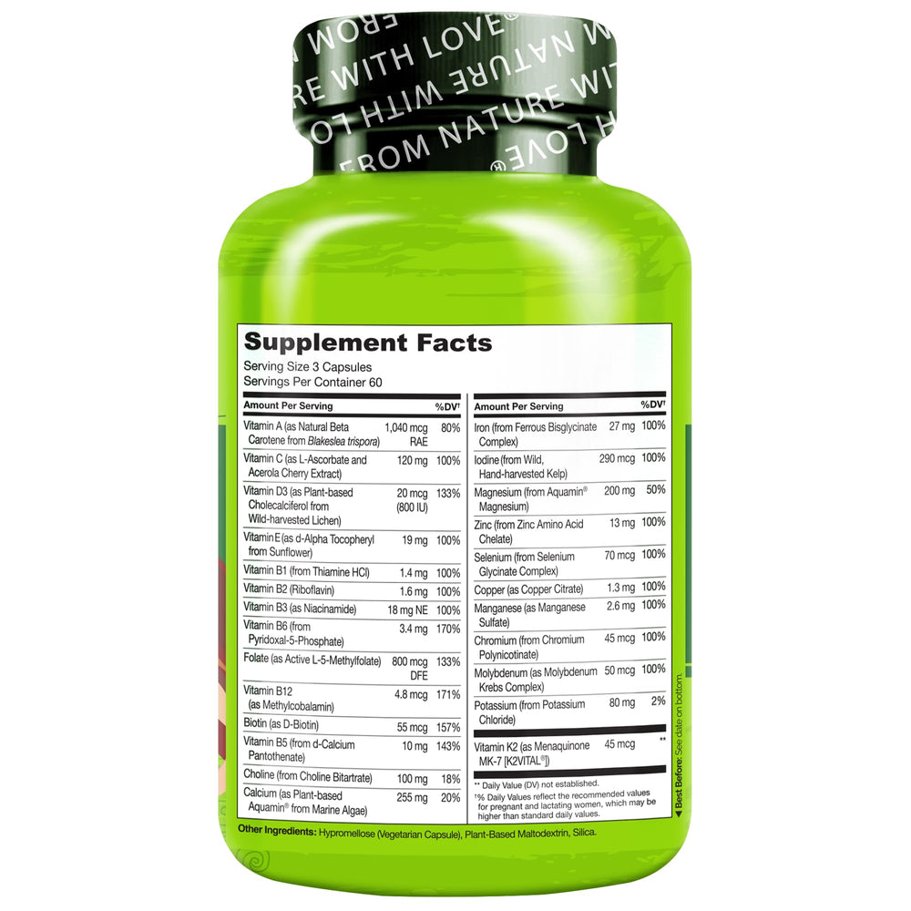 Naturelo Prenatal vegan seal confirms dairy-free and non-GMO formulation.