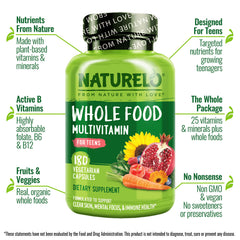Naturelo teen multivitamin bottle back showing ingredients and vegan claims