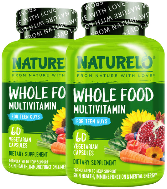 Naturelo Teen Multivitamin bottle closeup highlighting plant-based nutrients for active teens.