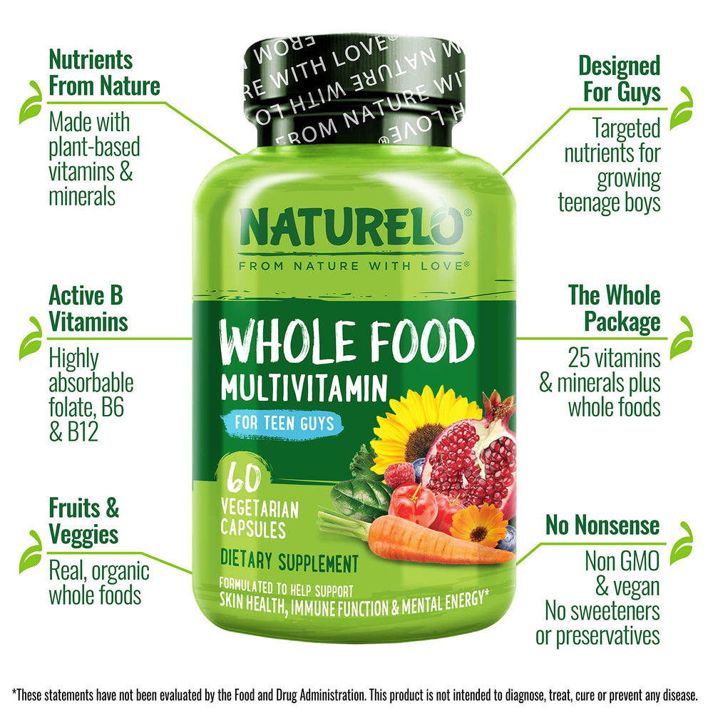Naturelo Teen Multivitamin pack front emphasizes a clean, vegan-friendly formula.