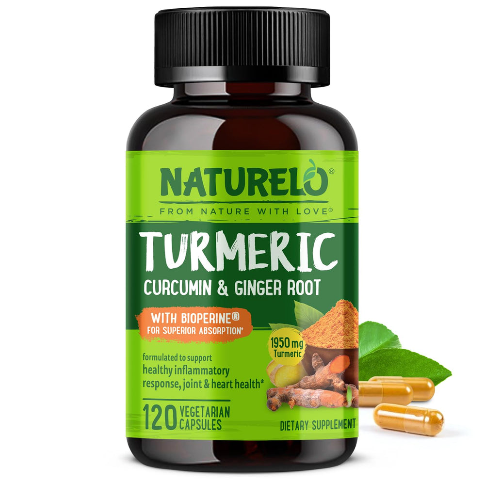 Naturelo Turmeric Curcumin bottle front shows a plant-based joint support formula for everyday comfort and mobility.