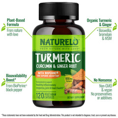 Naturelo Turmeric Curcumin bottle side view highlights BioPerine for absorption.